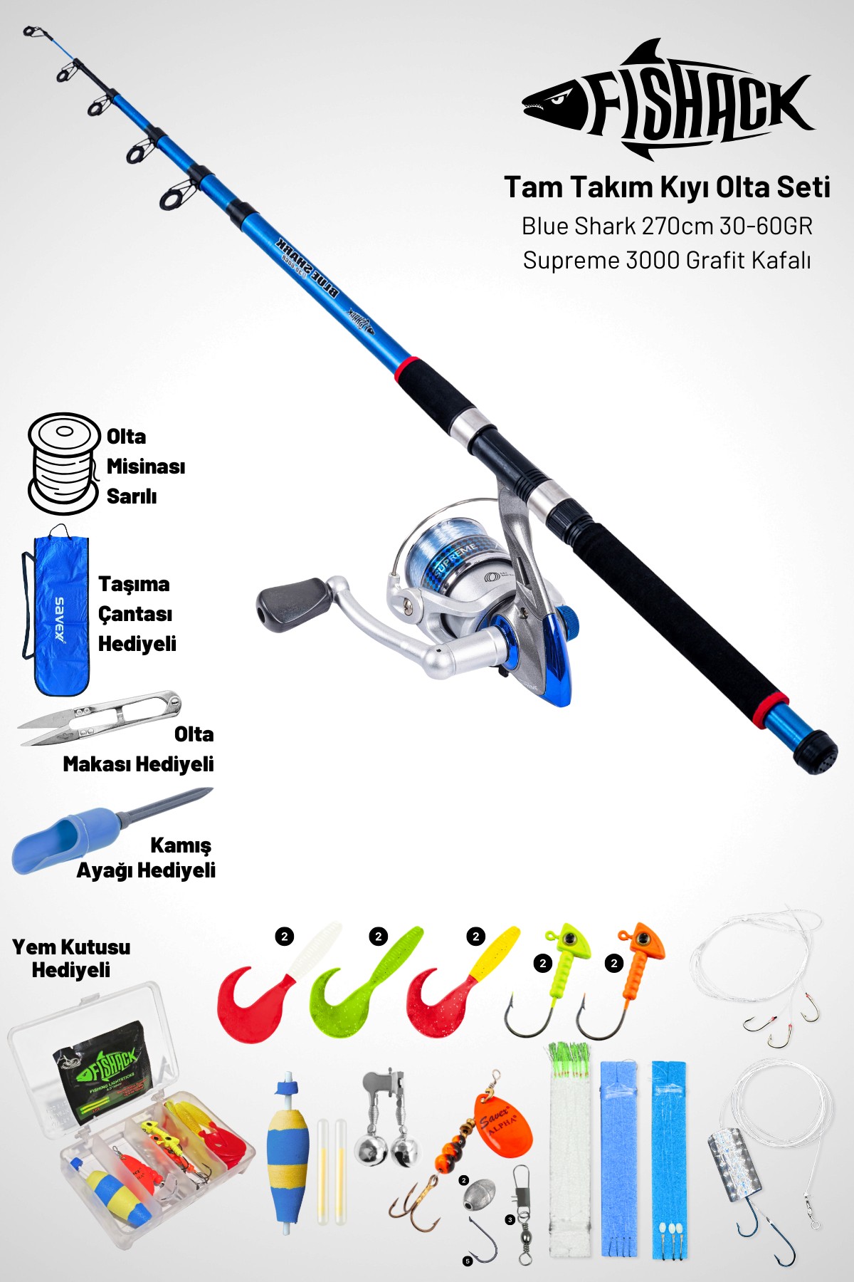Tam Takım Kıyı Olta Seti - 270cm Kamış 30-60GR / 3000'lik Supreme Olta Makinesi - Taşıma Çantalı