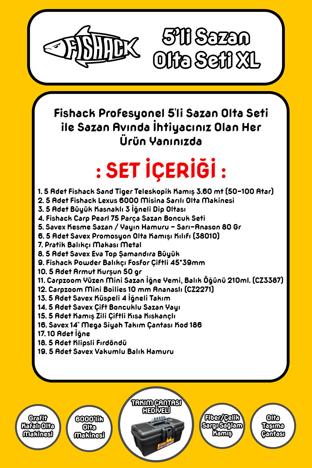 Tam Takım Sazan Olta Seti - 5'li Set - XL - 3.60MT/50-100GR