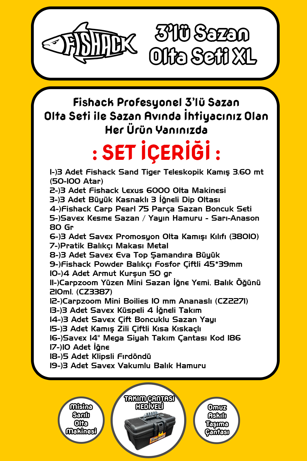 Tam Takım Sazan Olta Seti - 3'lü Set - XL - 3.60MT/50-100GR