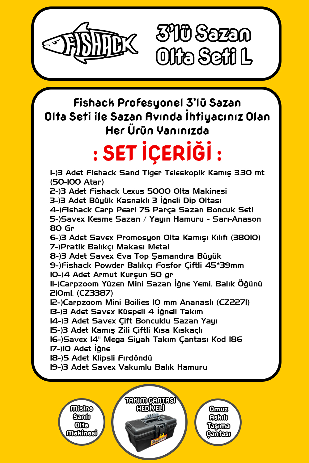 Tam Takım Sazan Olta Seti - 3'lü Set - L - 3.30MT/50-100GR