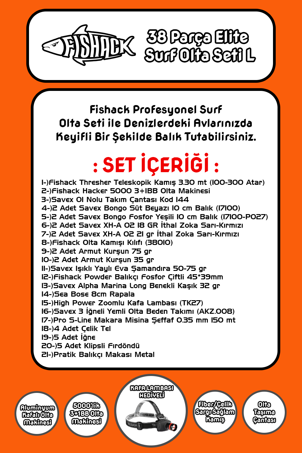 Fishack 38 Parça Surf Elite Deniz Olta Seti L - 3.30MT / 100-300GR
