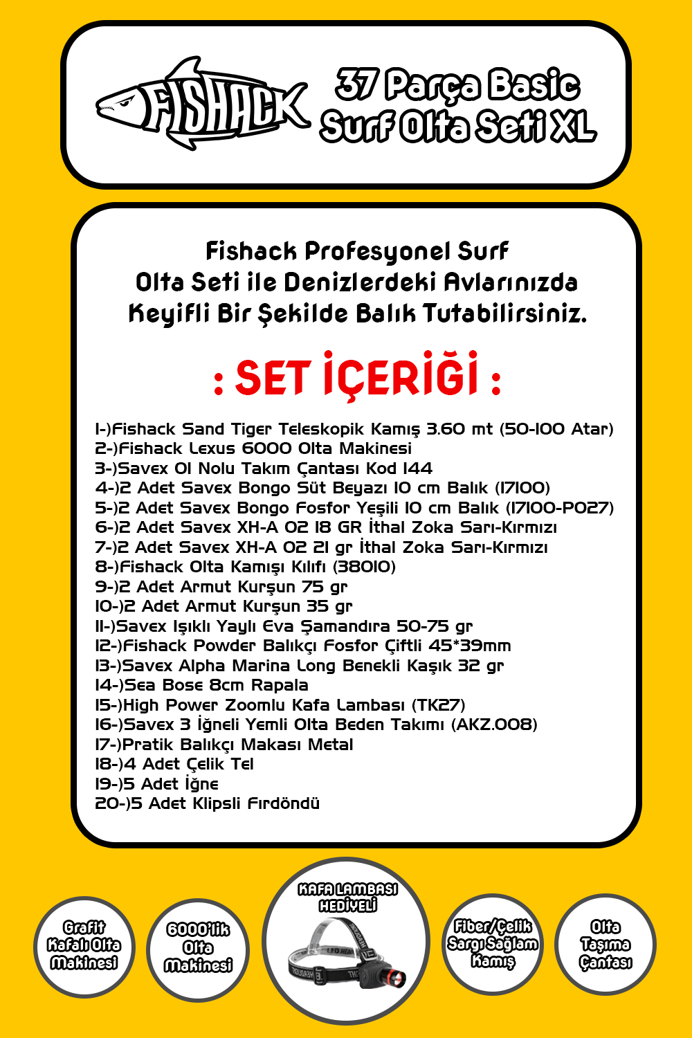 Fishack 37 Parça Surf Basic Deniz Olta Seti XL - 3.60MT / 50-100GR